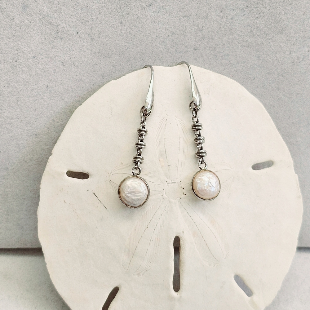 Sterling 925 ITALY Rolo Link Freshwater Pearl Drop Earrings